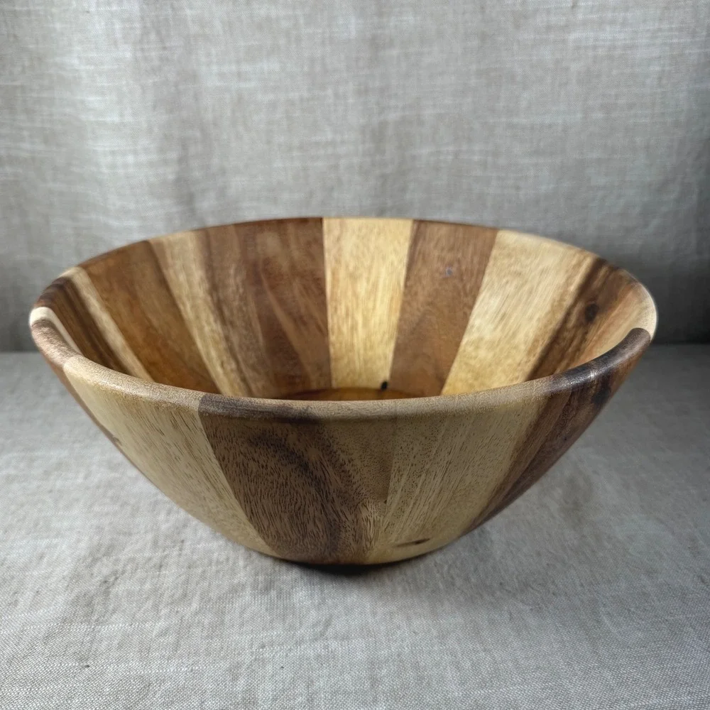 Wooden Serving Bowl Good Vintage Striped Inlay Round Large Fruit Salad Decor